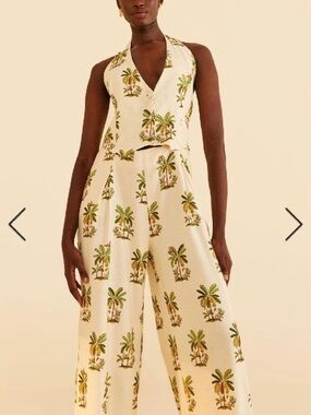 FARM Rio Cream Palm-Print Sleeveless Tie-Back Jumpsuit